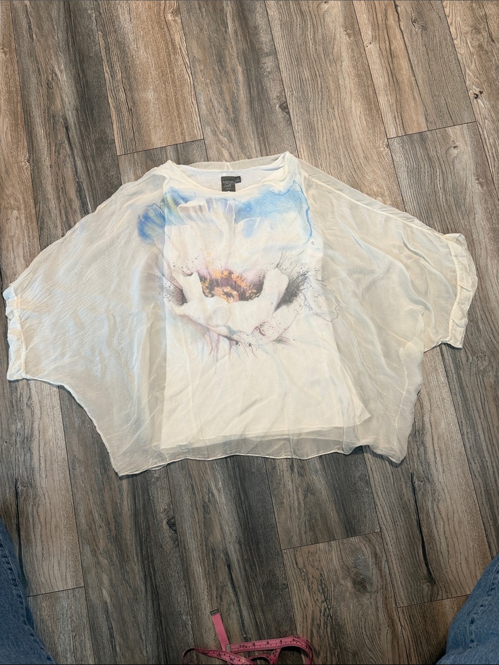 Moda Seta Italy,Sheer White Tunic with Blue and Cream Floral